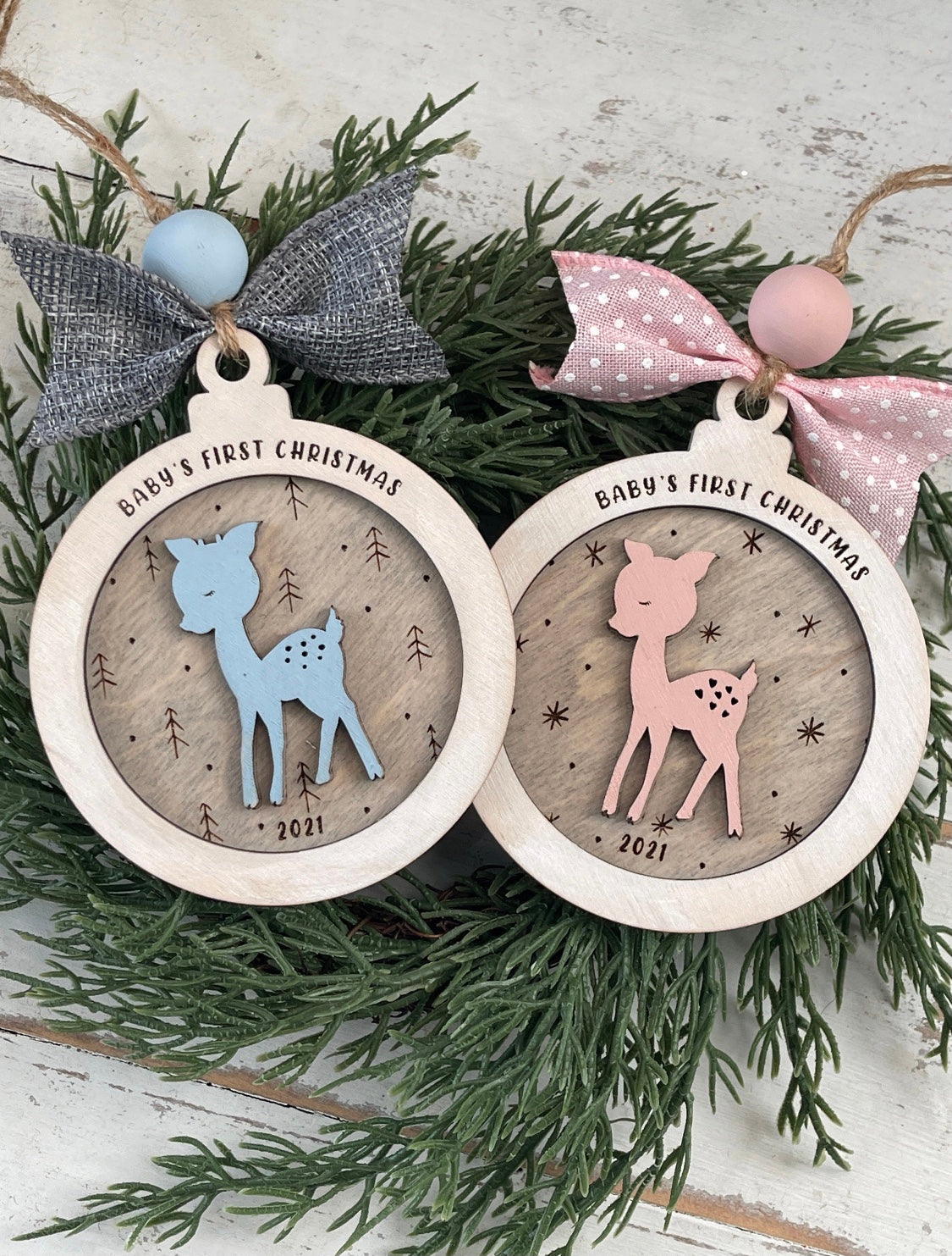 Christmas Reindeer Baby Girl First Christmas Ornament Personalized Baby's First Christmas Ornament Woodland Deer Ornament  Ollie Hank